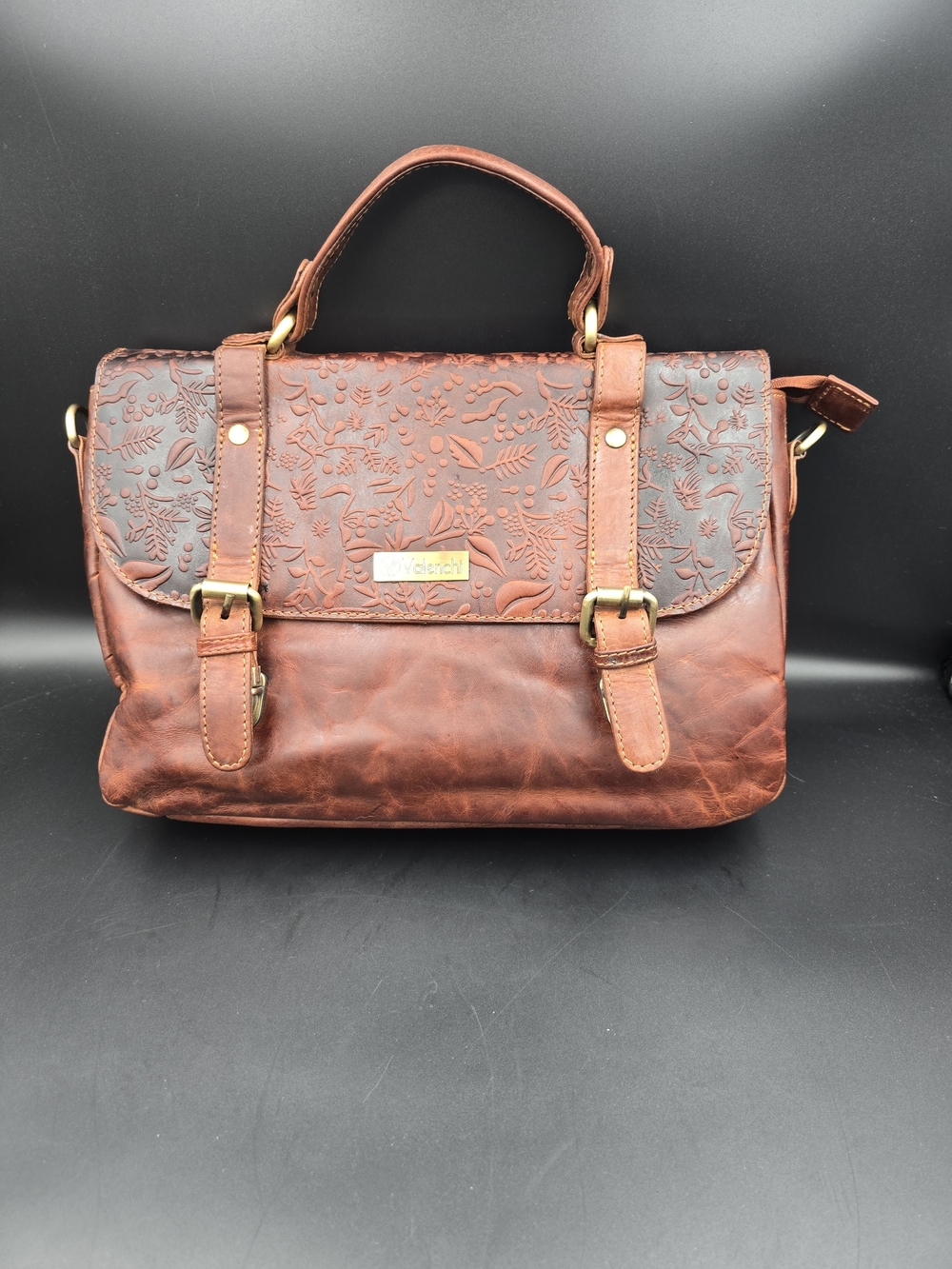 Embroidered Floral Brown Leather Satchel with Top Handle